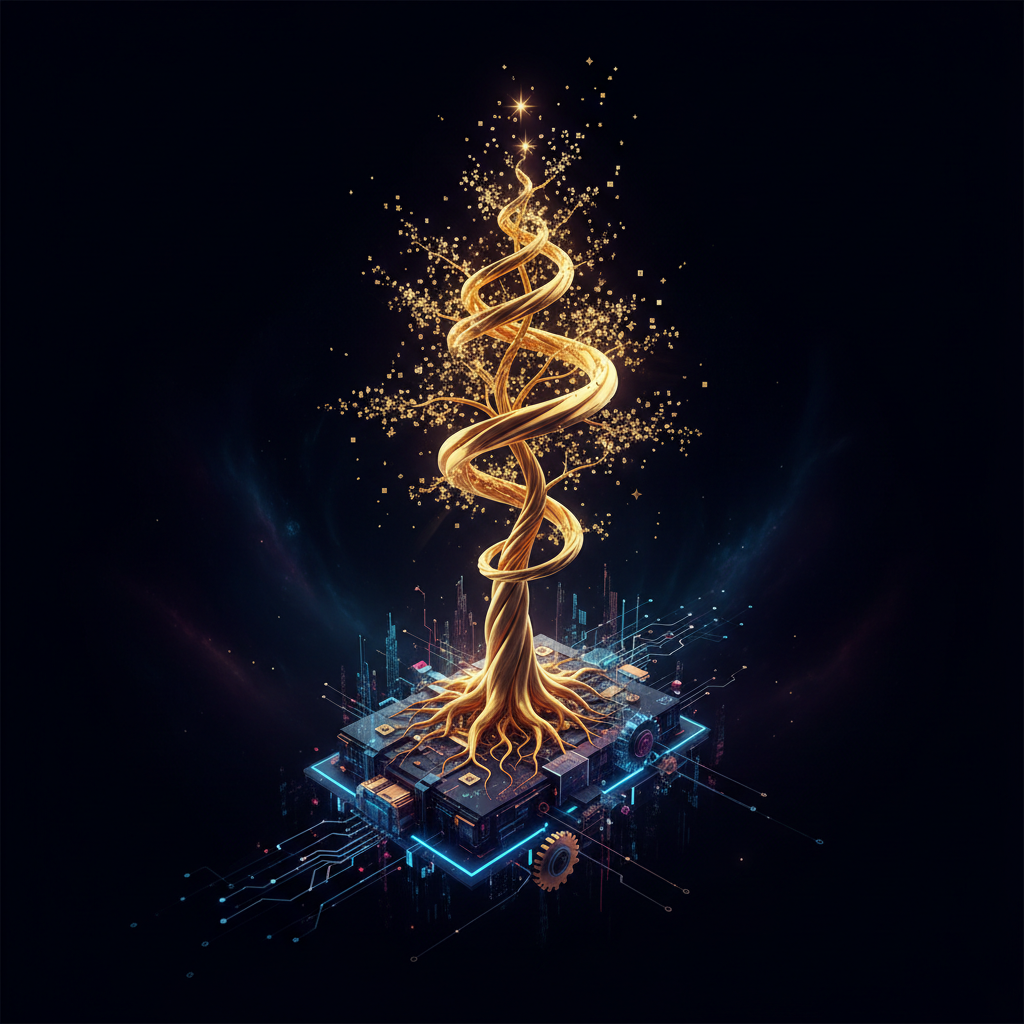 Abstract representation of growth and success, a golden sapling growing into a tree from a technological base, cinematic, dark background