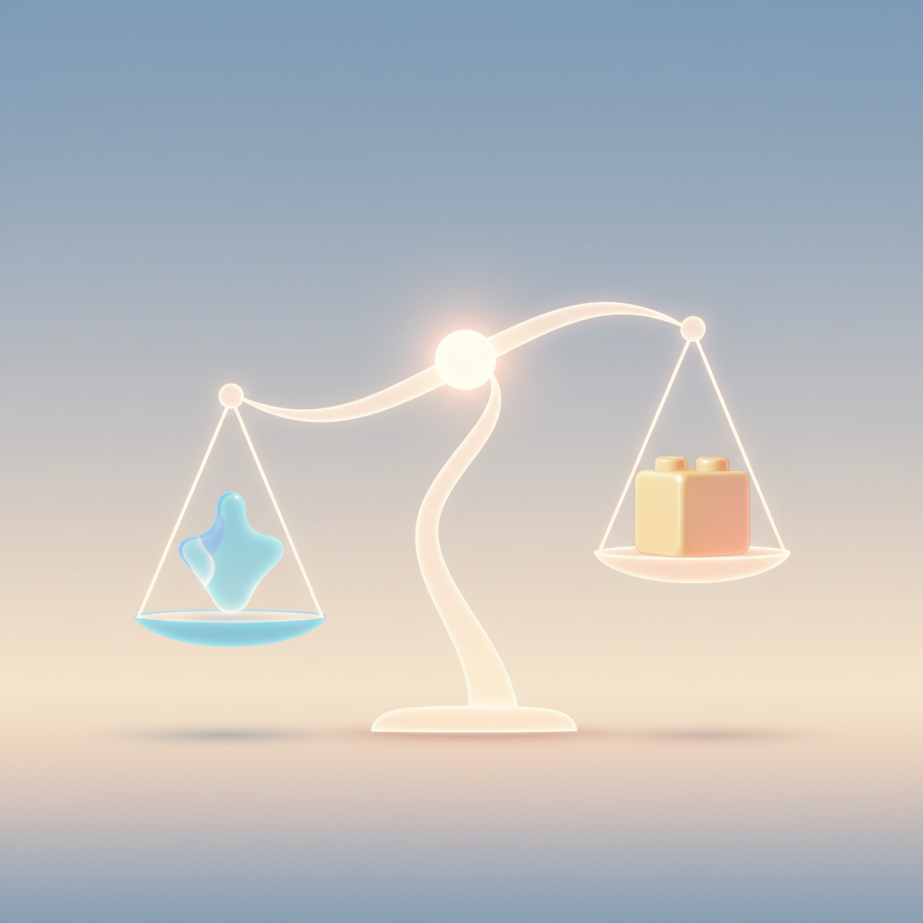Abstract digital illustration of the scales of justice balanced with a small toy block, symbolizing juvenile justice, soft lighting, minimalism, 8k resolution