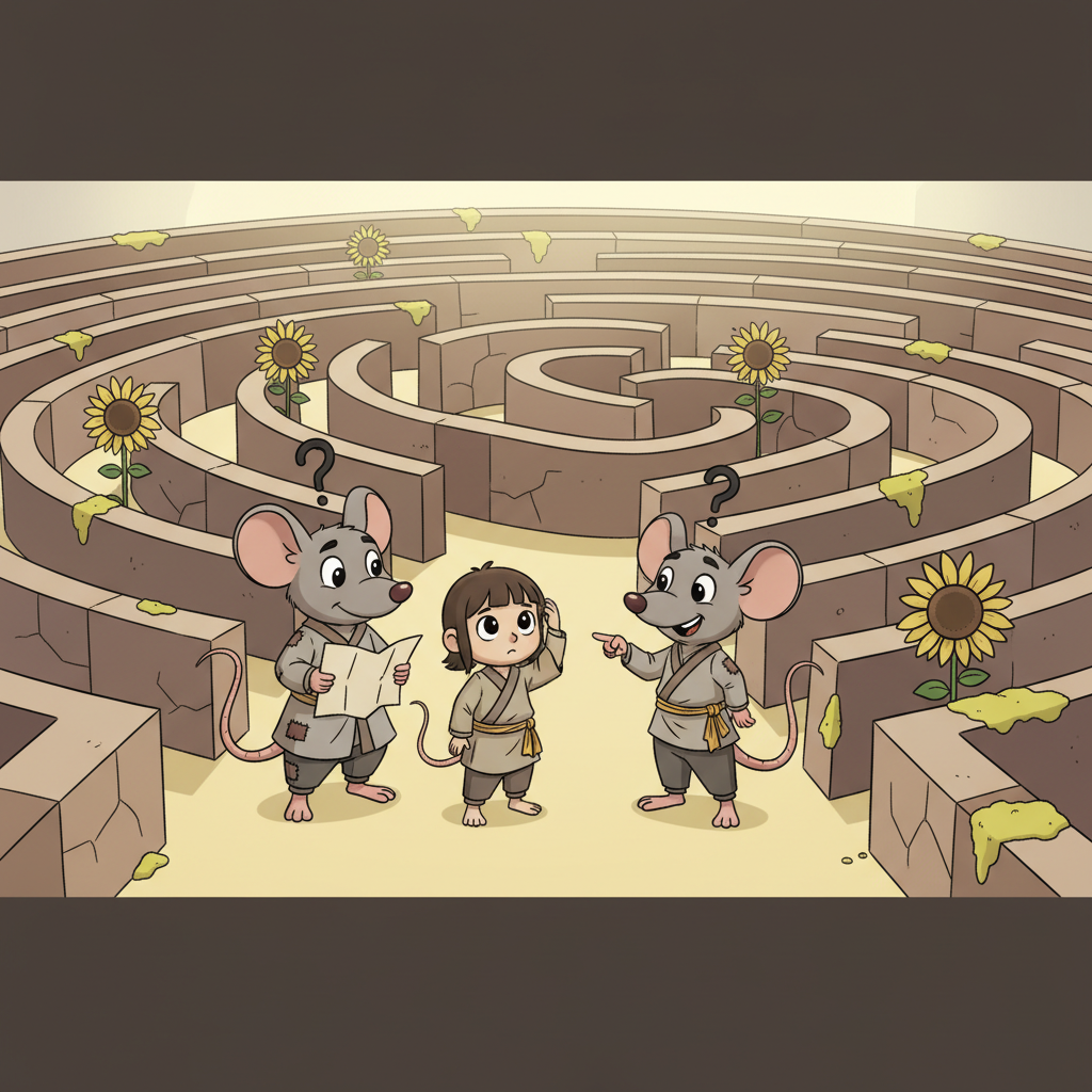 Cartoon-style semi-flat illustration of two mice and two small human-like characters standing inside a maze, looking confused but curious. Neutral tones with yellow accents.
