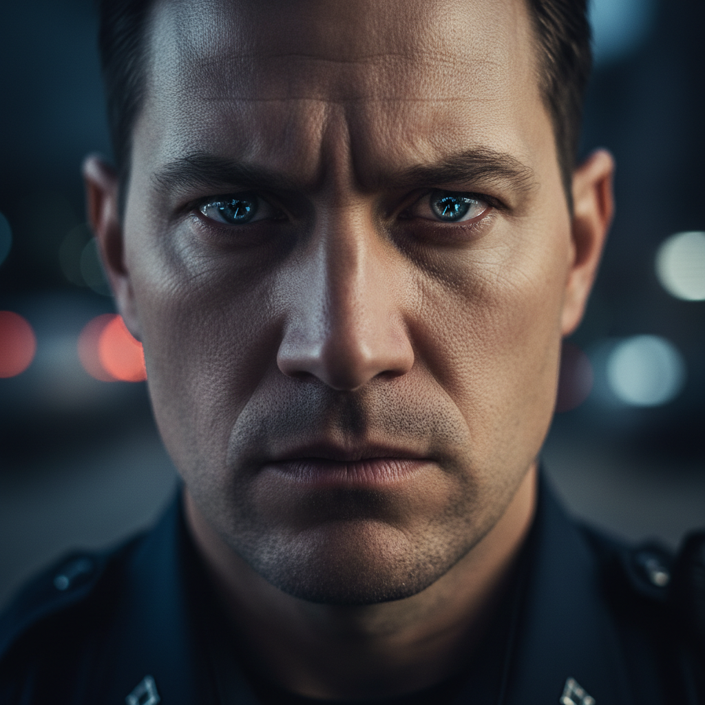Close up of a police officer's eyes or face looking intensely at something in the distance, dramatic lighting, reflecting blue lights, serious expression, high detail