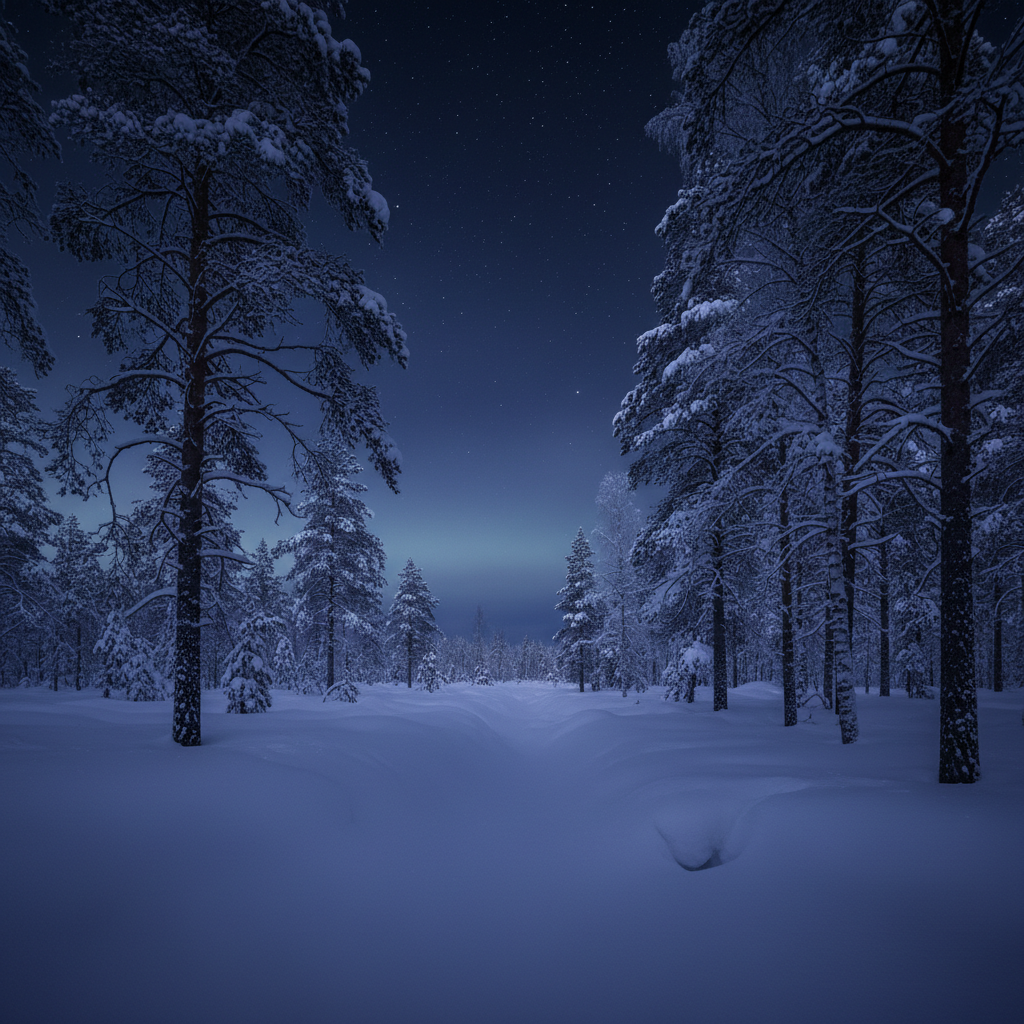 Deep snow drifts in a forest at night, dark blue tones, peaceful and cold