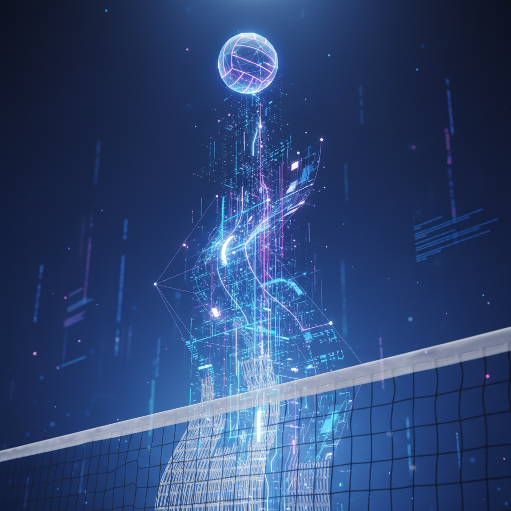 Abstract representation of volleyball evolution, a volleyball net transforming into digital lines, cinematic lighting, 4k, realistic texture