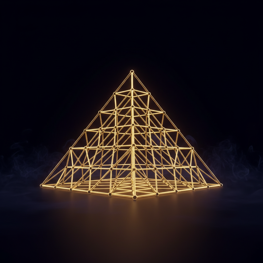 A glowing golden wireframe pyramid on a dark background, representing structure and strength, 3d render, minimal