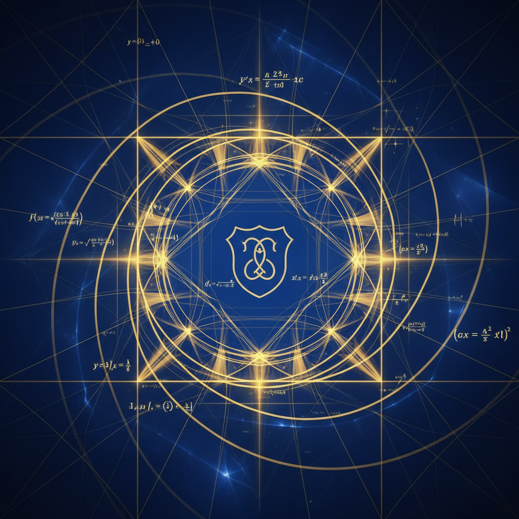 Abstract geometric mathematics background with glowing equations, golden ratio spirals, and a subtle school motto crest, deep blue and gold color scheme, 8k resolution, professional presentation style