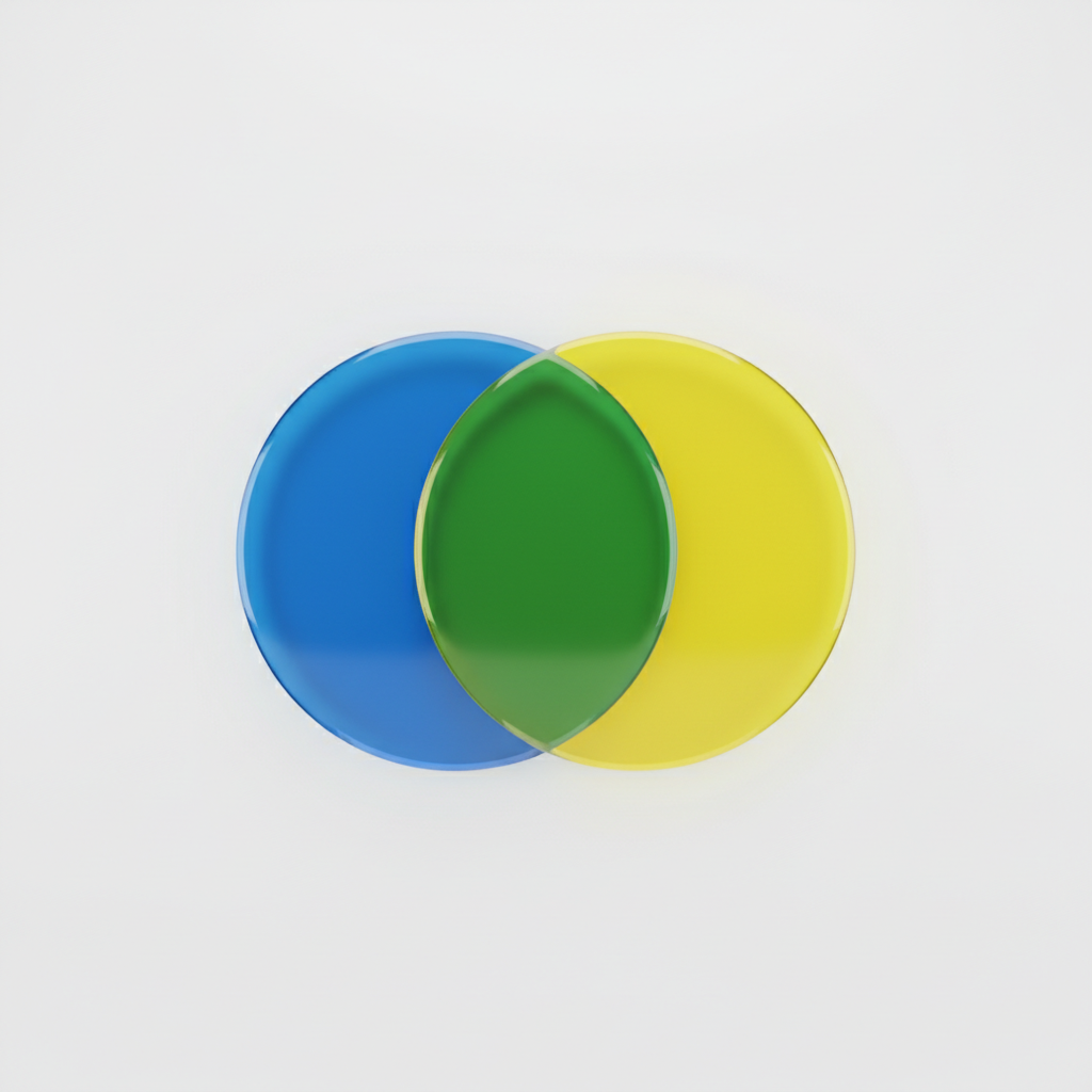 3D render of two translucent colored circles (blue and yellow) overlapping to create green, minimalist white background, abstract representation of synergy