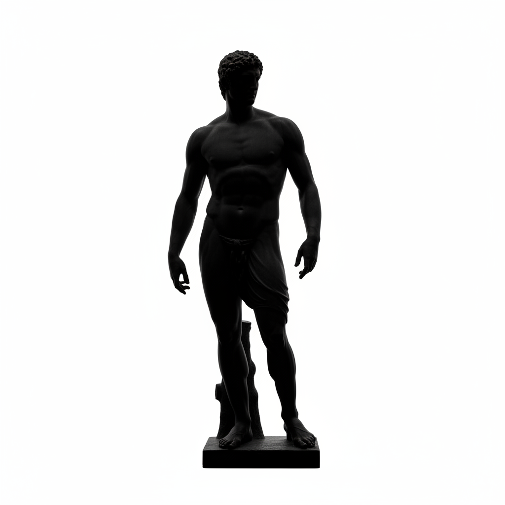 Strong solid black silhouette of a classic greek statue against a bright plain white light background, high contrast, no grey tones