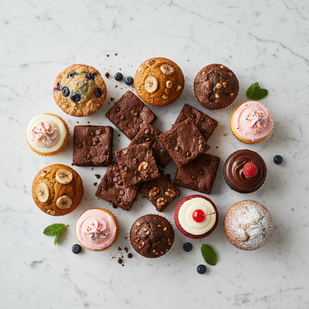 Top down view of an assortment of brownies, cupcakes, and muffins on a white marble surface, aesthetic arrangement