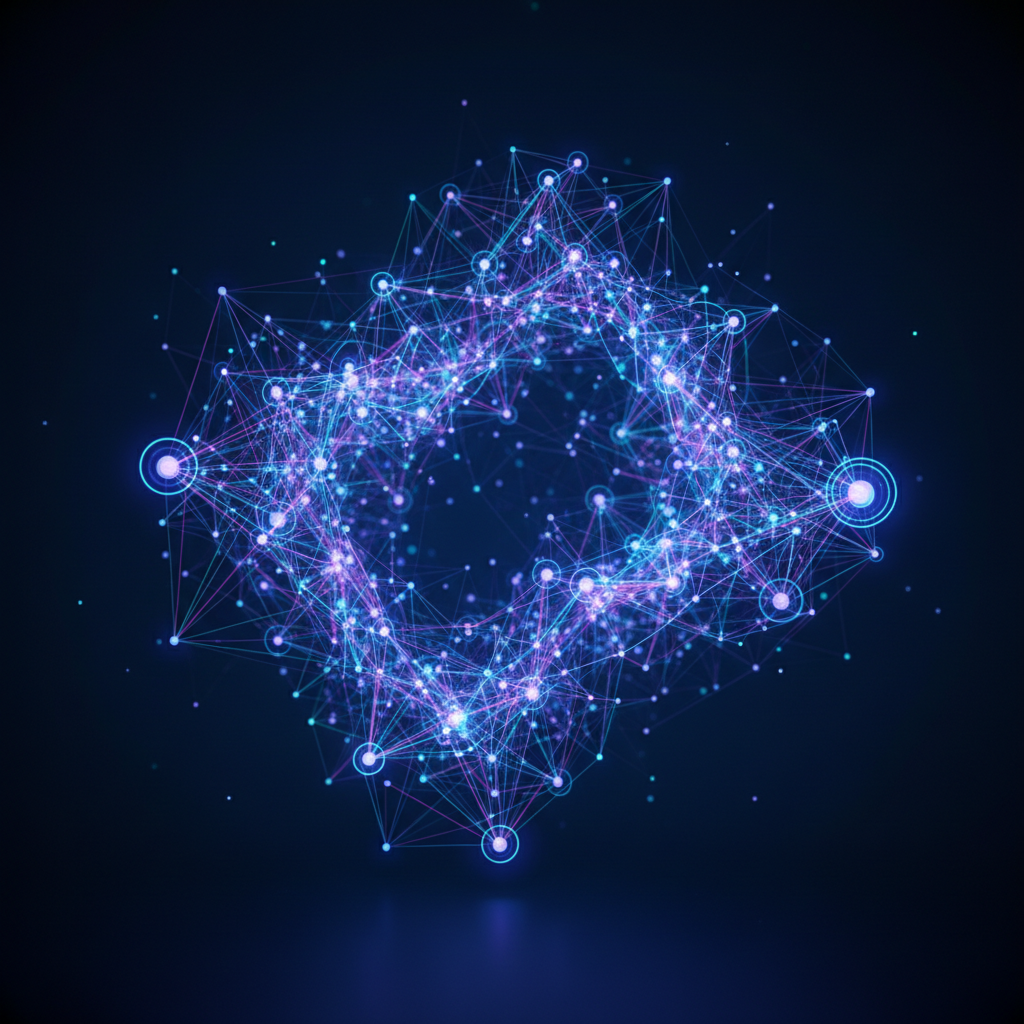 3D visualization of a complex social network graph with nodes and connecting lines, glowing dots representing users, dark blue background