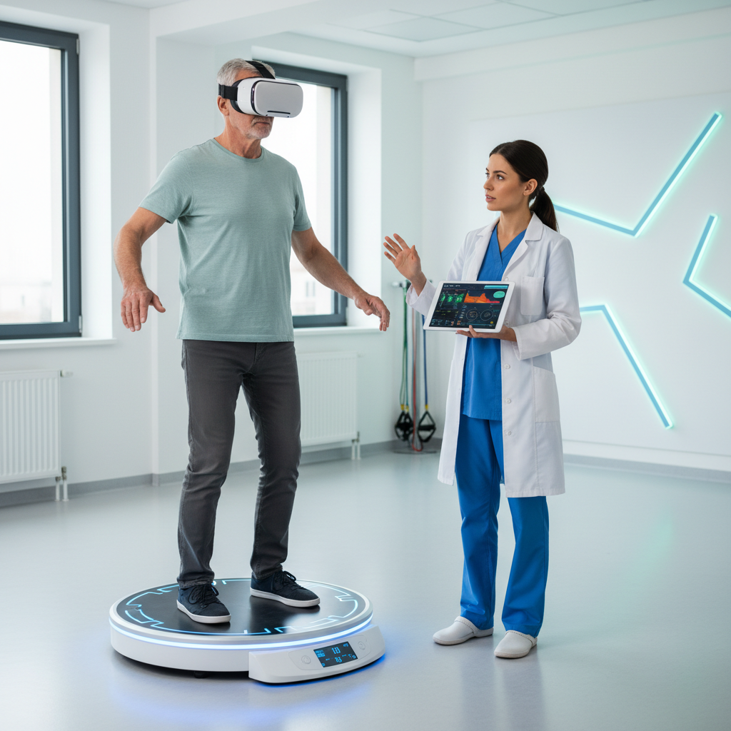 A high-quality medical photograph showing a senior patient wearing a sleek VR headset standing on a computerized balance platform, with a physical therapist monitoring a tablet nearby, clean bright clinical environment, 4k resolution
