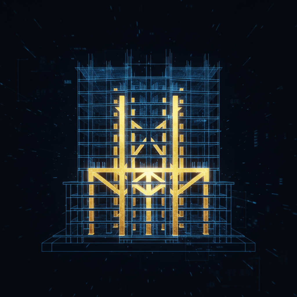 Architectural blueprint of a skyscraper foundation being reinforced with gold beams against a dark background