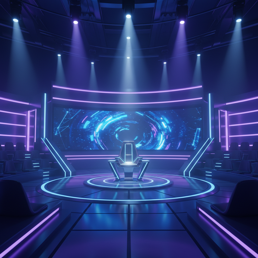 TV game show studio with dramatic dark blue and purple lighting, an empty futuristic chair in the center, spotlights, 3d render, cinematic atmosphere