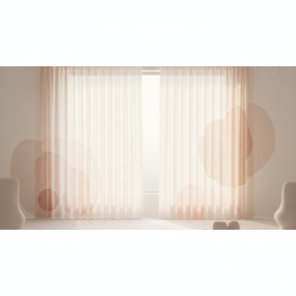 soft warm morning light filtering through sheer curtains, calm and serene atmosphere, minimalist, abstract, pastel tones, blush and beige