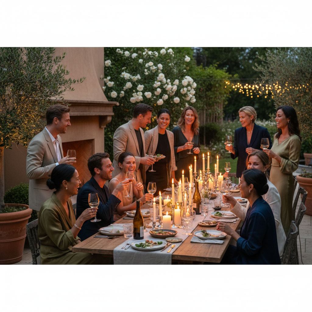Wide shot of a diverse group of elegant people at a relaxed dinner party, warm candlelight, laughing, wearing subtle jewelry, lifestyle photography