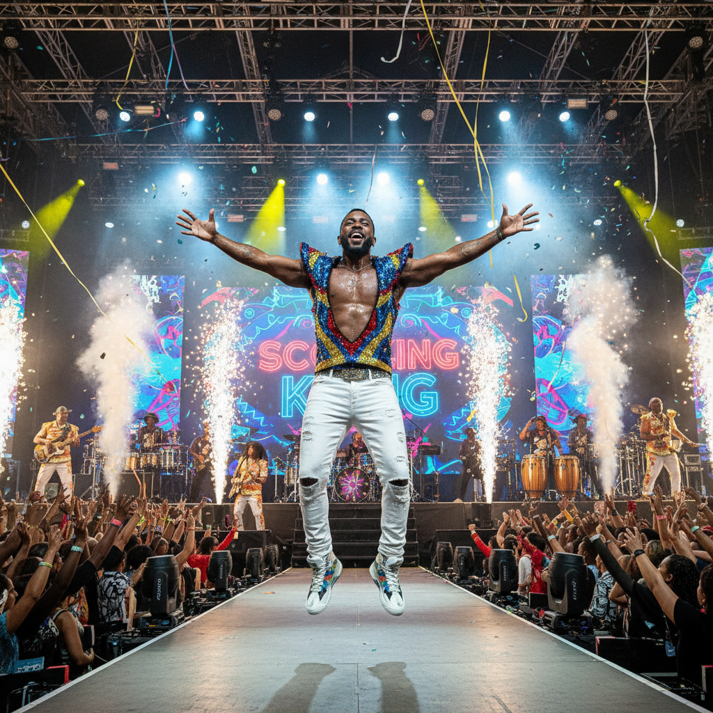 Machel Montano performing on stage energetic soca concert
