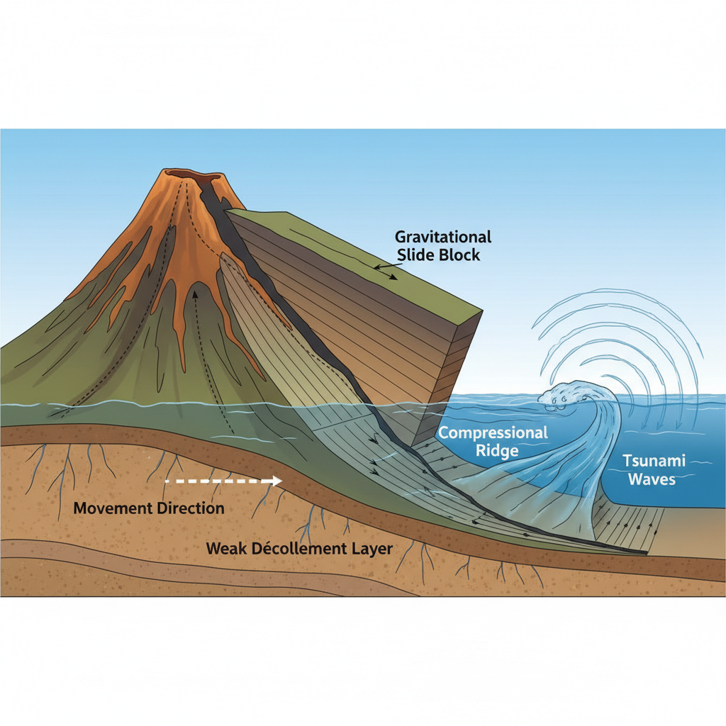 Schematic diagram showing the gravitational sliding of a volcano flank into the sea, scientific illustration style