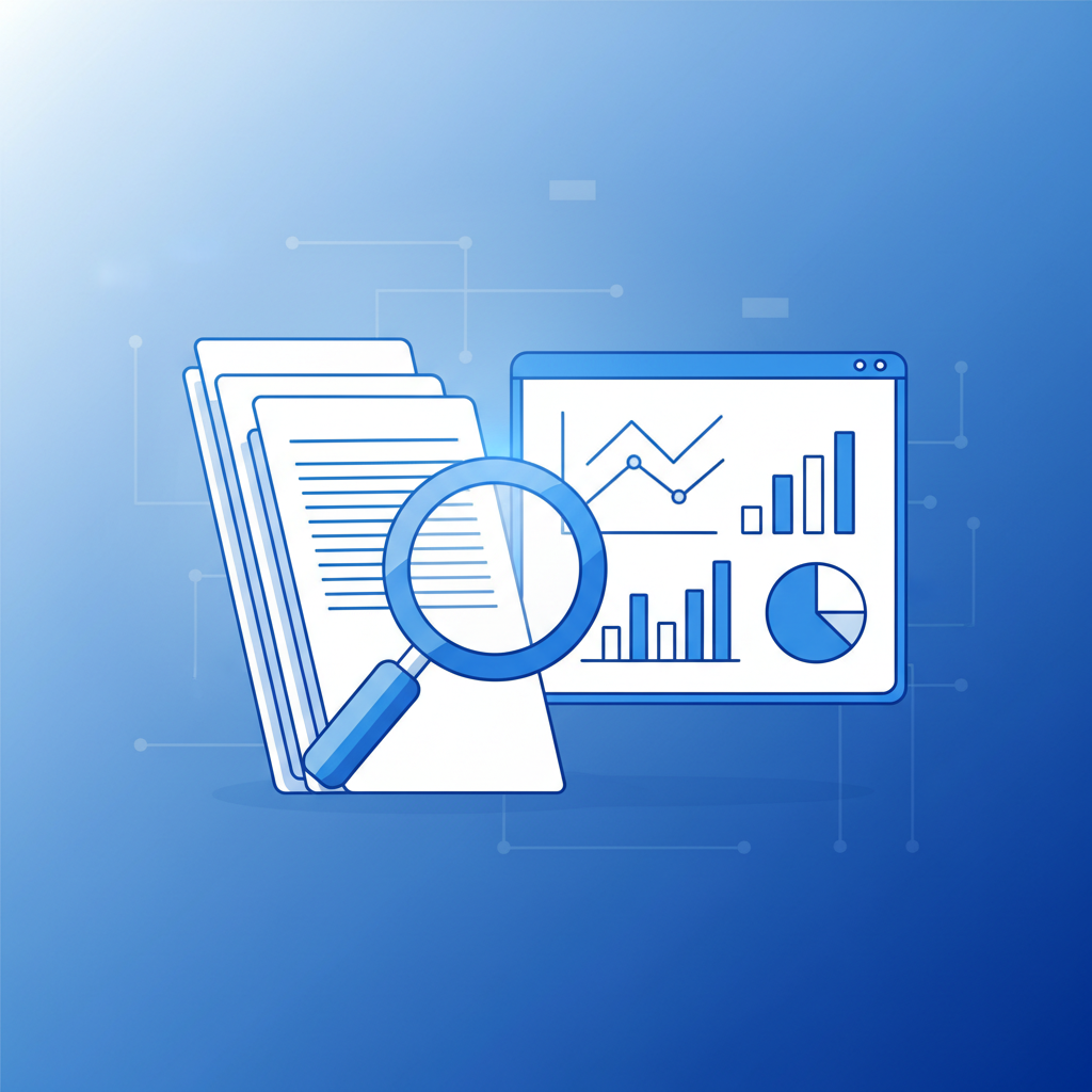 Abstract representation of research methods: stack of documents, magnifying glass, graphs on a screen, minimalist style blue and white