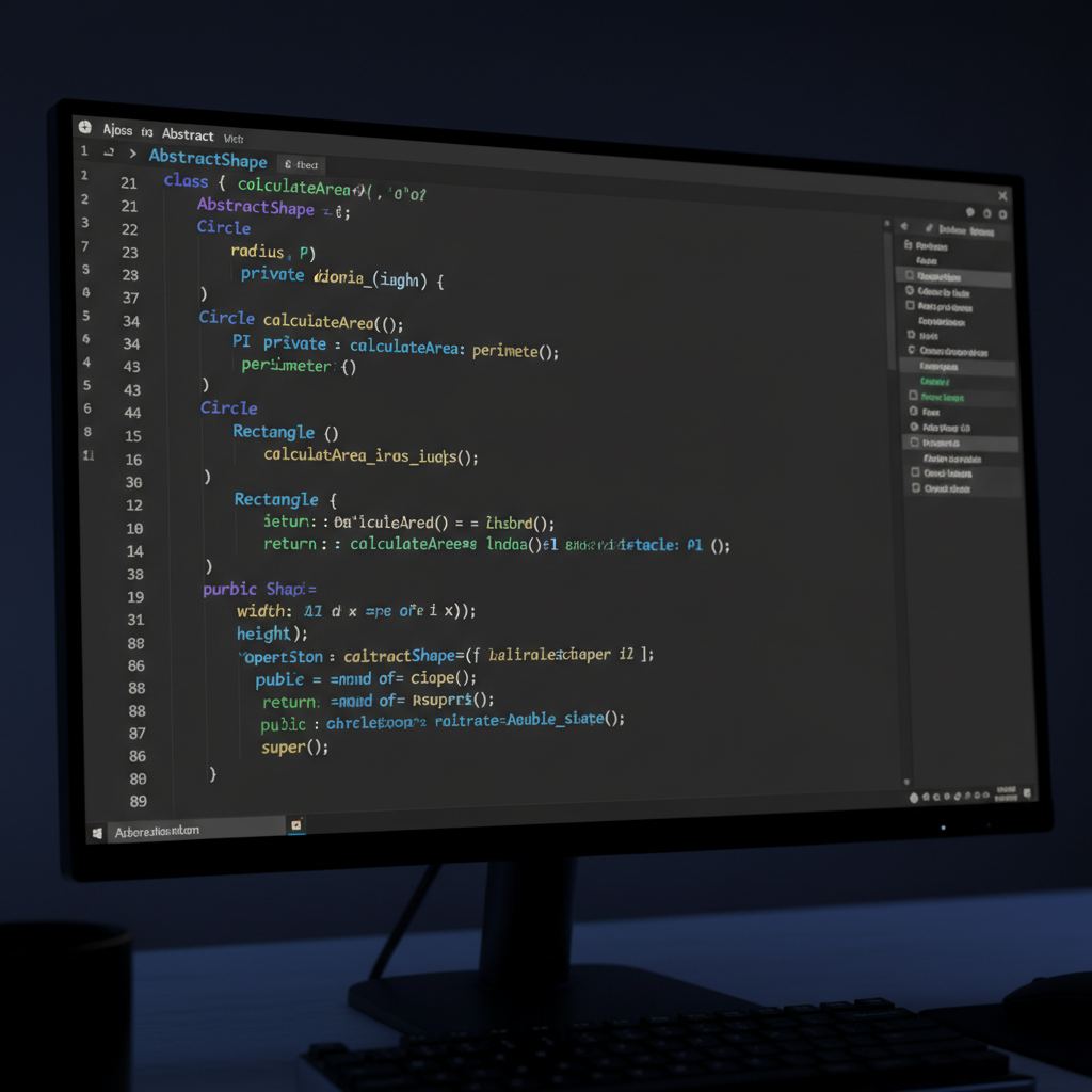 Close up photo of computer screen displaying Java code in dark mode IDE with syntax highlighting, focus on object oriented structure
