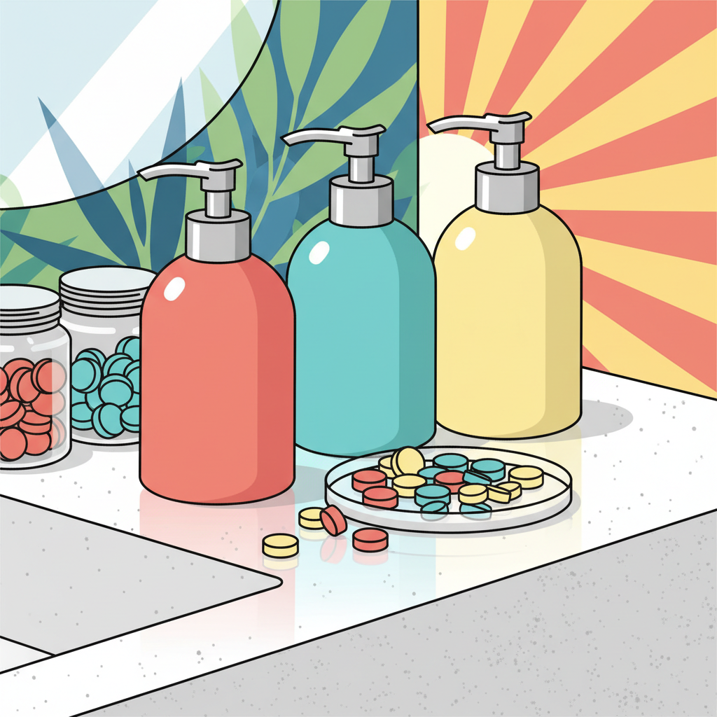 A modern, bright bathroom counter featuring colorful reusable cosmetic bottles (coral pink, turquoise blue, pastel yellow) with dissolvable tablets nearby. Pop art style, clean, eco-friendly vibe, diffusion style, high resolution.