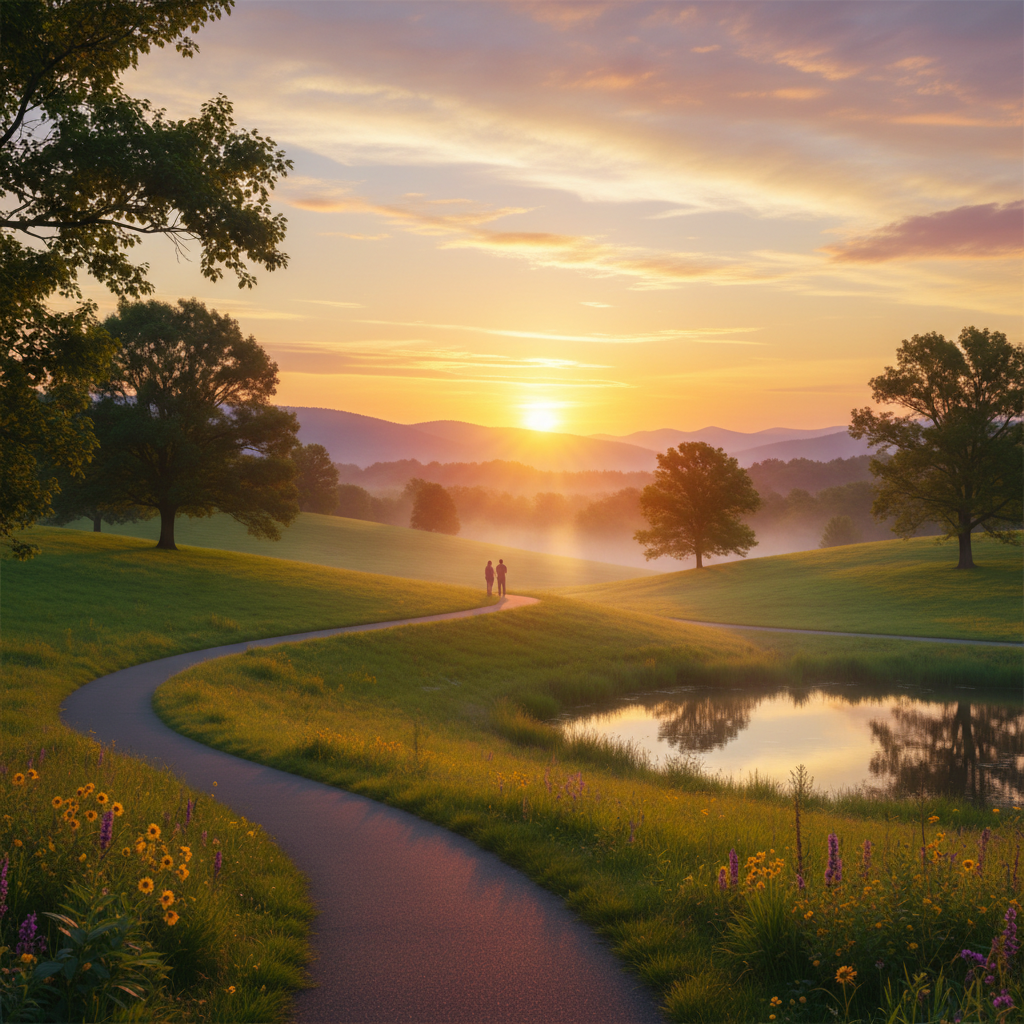 beautiful sunset over a green park landscape, peaceful, hopeful, nature photography