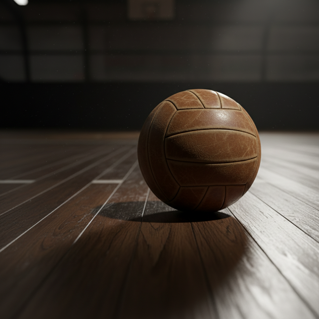 Old fashioned volleyball leather ball on a wooden court floor, dramatic lighting, close up, no text