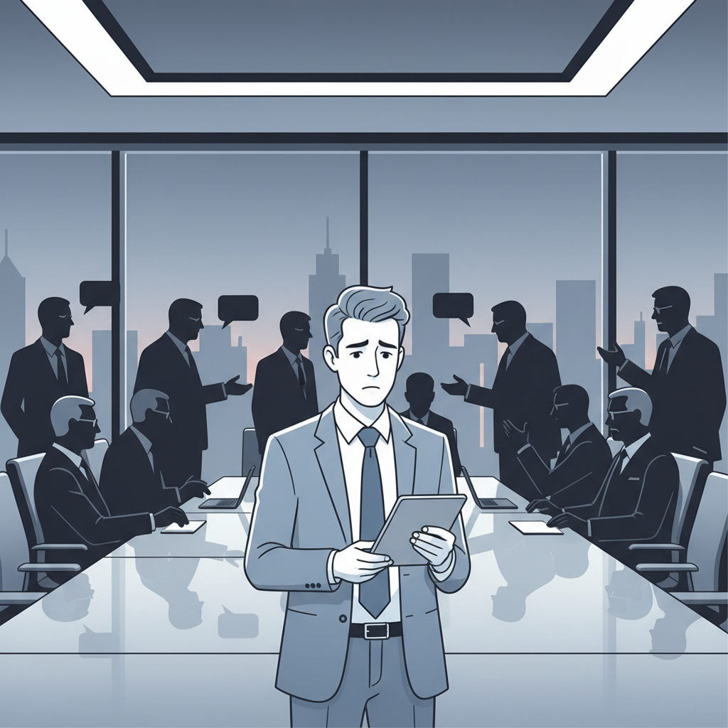 A young professional looking confused and isolated in a boardroom full of older silhouettes, clean vector art style
