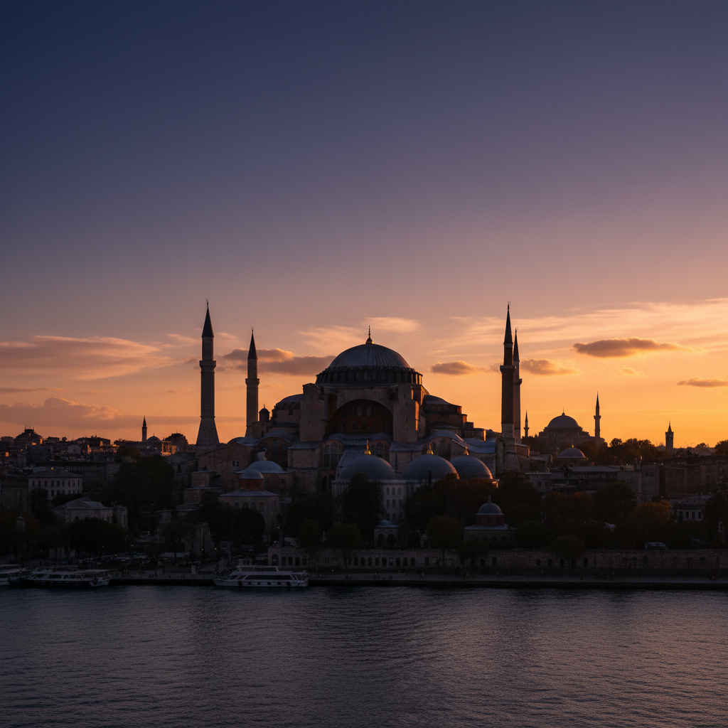 Cinematic shot of Hagia Sophia at sunset, golden hour, majestic silhouette against a deep blue sky, historical atmosphere, photorealistic, 8k resolution