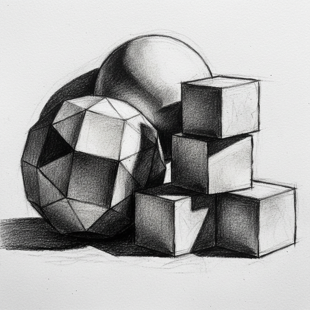 artistic sketch of geometric spheres and cubes with dramatic shading, charcoal style, white paper texture, high contrast, academic drawing