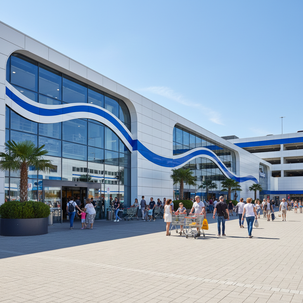 A modern European hypermarket shopping center entrance with blue and white branding, busy with customers, sunny day, wide angle