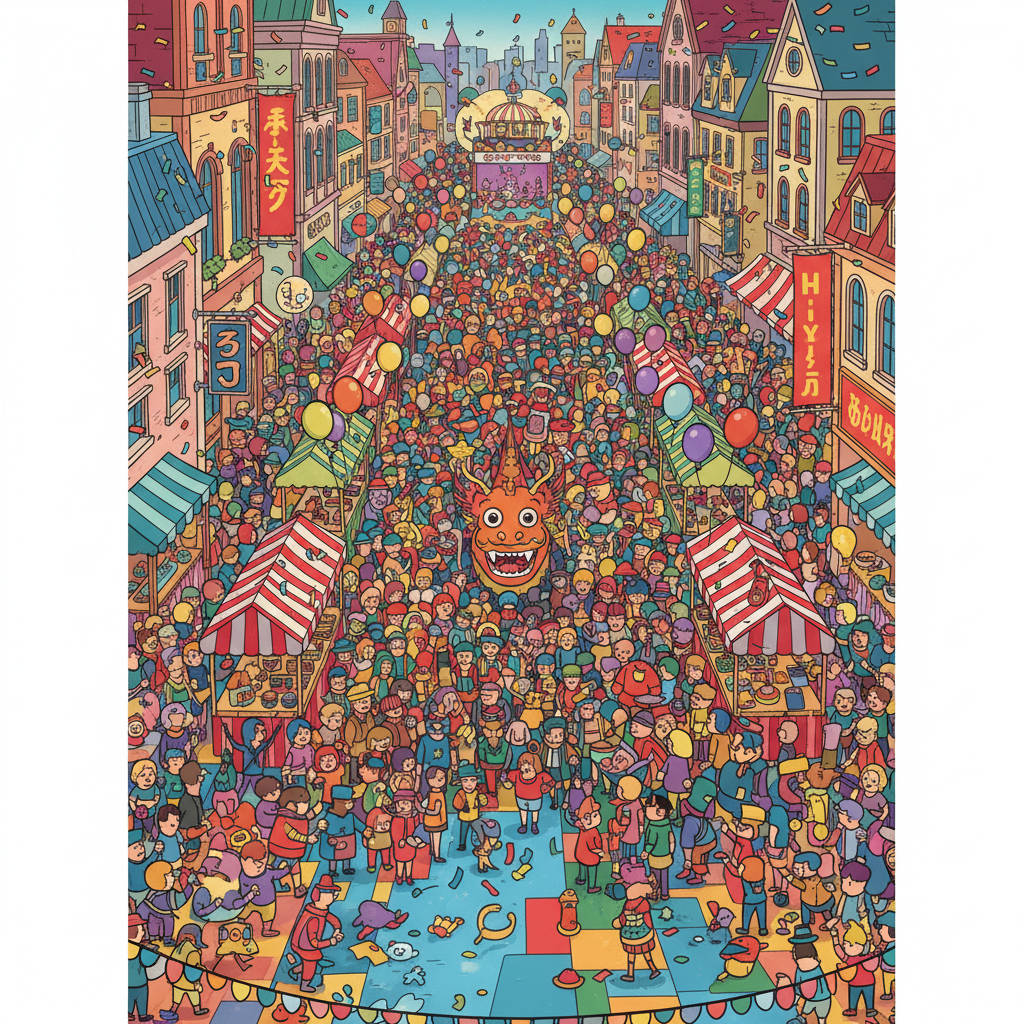An overwhelmingly crowded city street festival seen from above, cartoon style