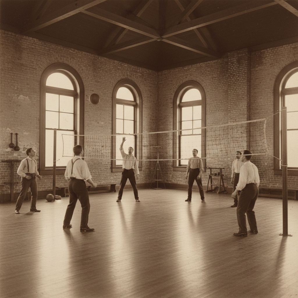 Vintage gymnasium late 19th century, men playing volleyball with a leather ball over a generic net, sepia tone, historical reconstruction