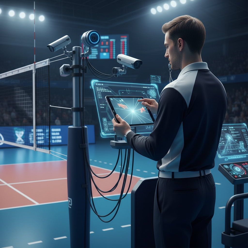 Modern volleyball referee looking at a tablet screen for video review call, technology in sports, high tech equipment