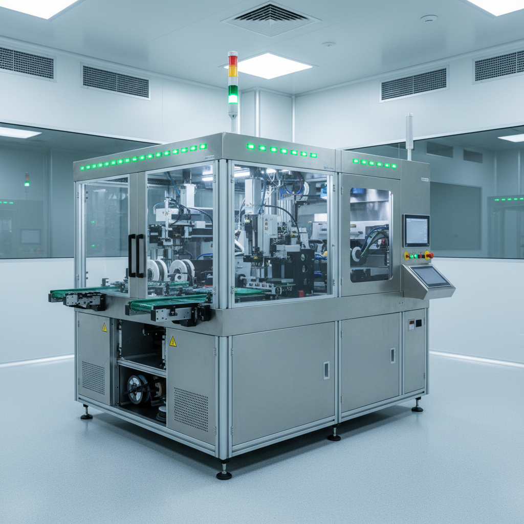 High tech industrial SMT pick and place machine with green status lights, clean lab environment