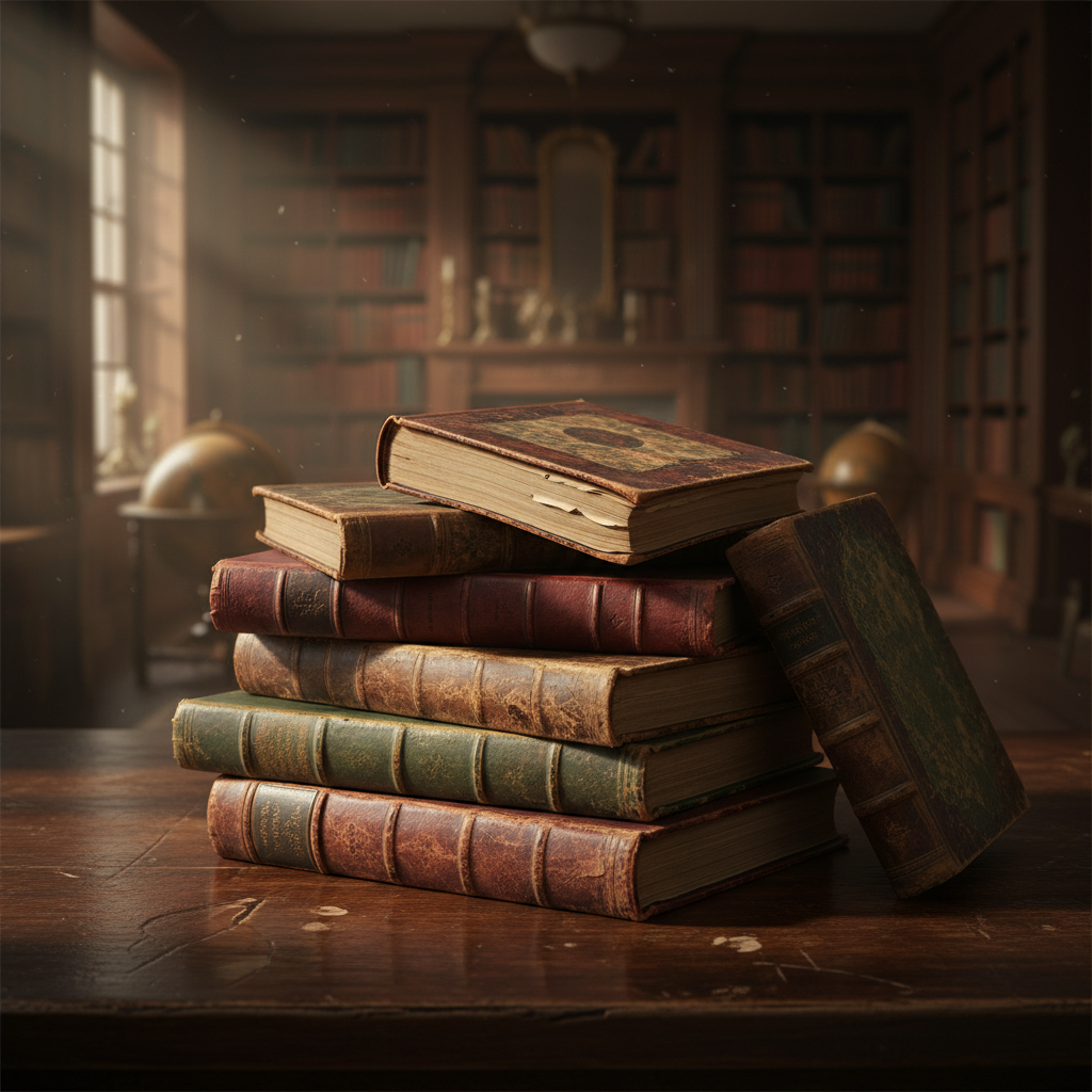 Still life of old leather-bound books stacked on a wooden table, antique library atmosphere, soft lighting