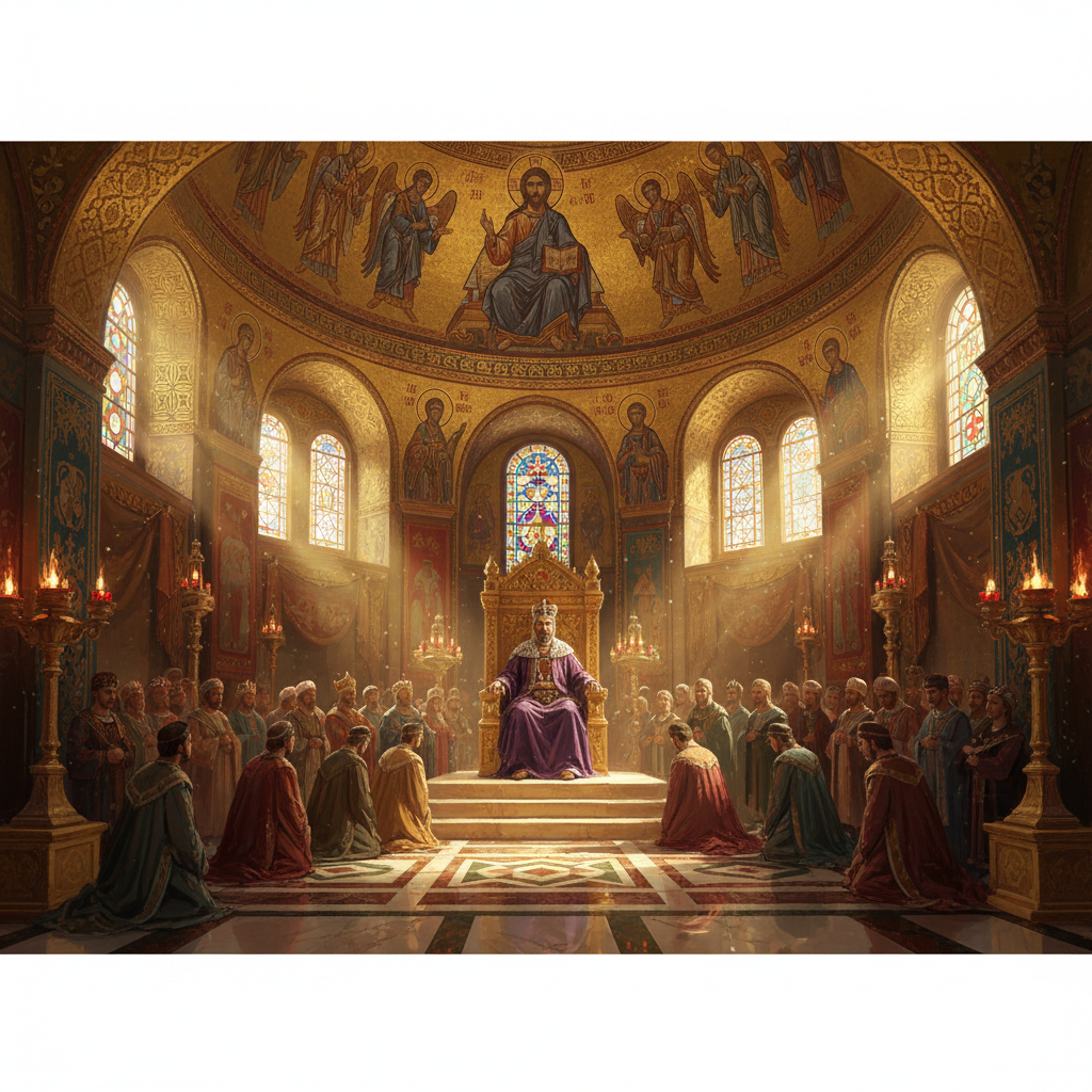Artistic reconstruction of a byzantine ceremonial hall, emperor on throne, courtiers, rich furniture, mosaics, atmospheric lighting