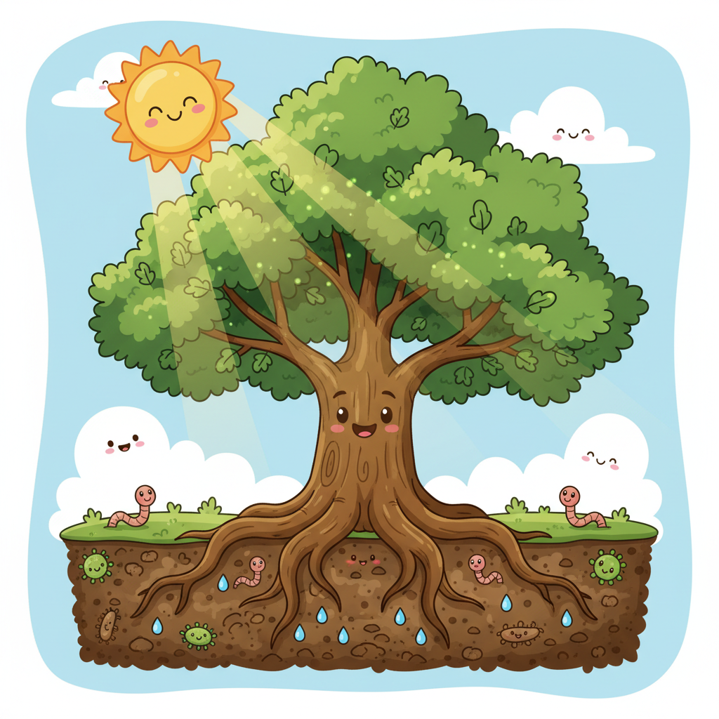 An educational illustration of a giant happy oak tree conducting photosynthesis with sunlight beams, cute smiling sun, roots in soil, cartoon style