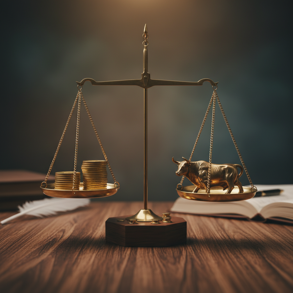 Photorealistic photograph of a brass balance scale on a dark wood table, financial concept, high detail, 8k