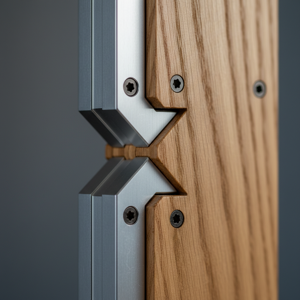 Close up macro photography of a machined aluminum component joined with oak wood, industrial design detail, product photography style