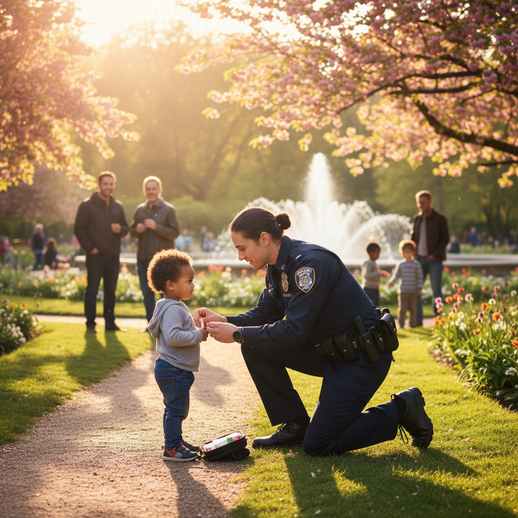 A police officer kneeling down to help a citizen or child in a park, warm lighting, symbolizing community policing and service, detailed uniform, photorealistic