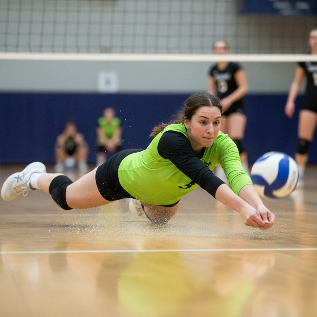 Volleyball libero player in a contrasting jersey diving for a ball, focus on defensive action, blurred background court