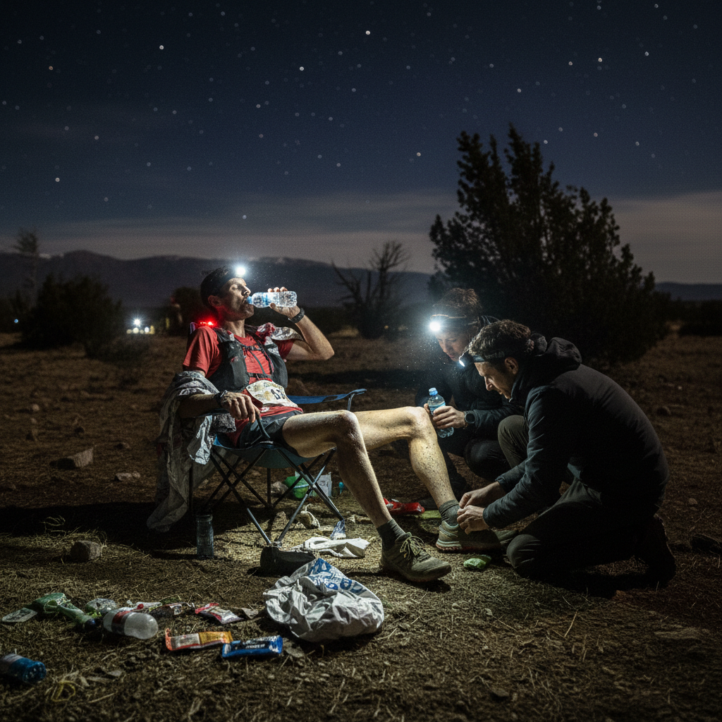 An exhausted ultramarathon runner sitting in a camping chair at night being helped by crew members with headlamps, realistic, dramatic lighting