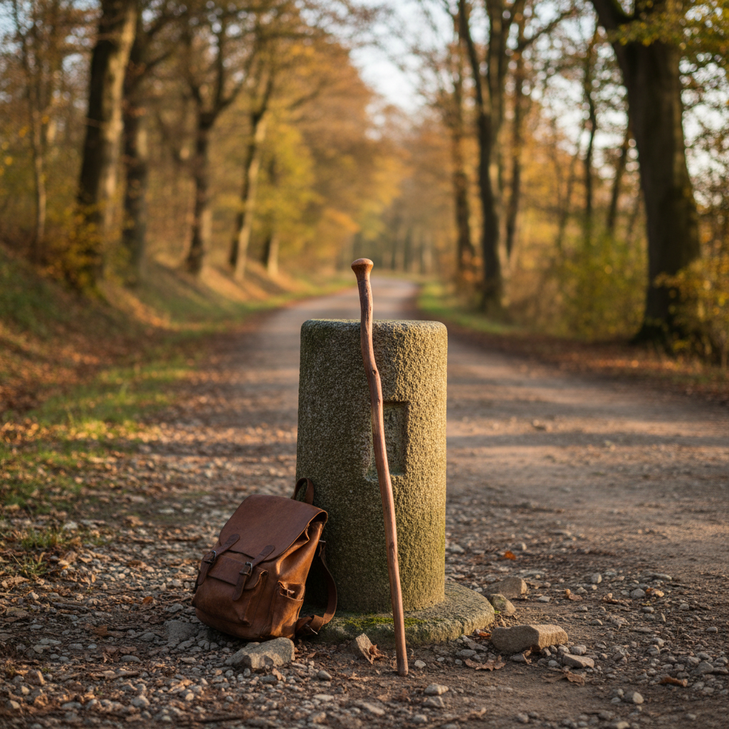 A simple wooden walking stick and a backpack resting against a milestone on a path, symbol of journey