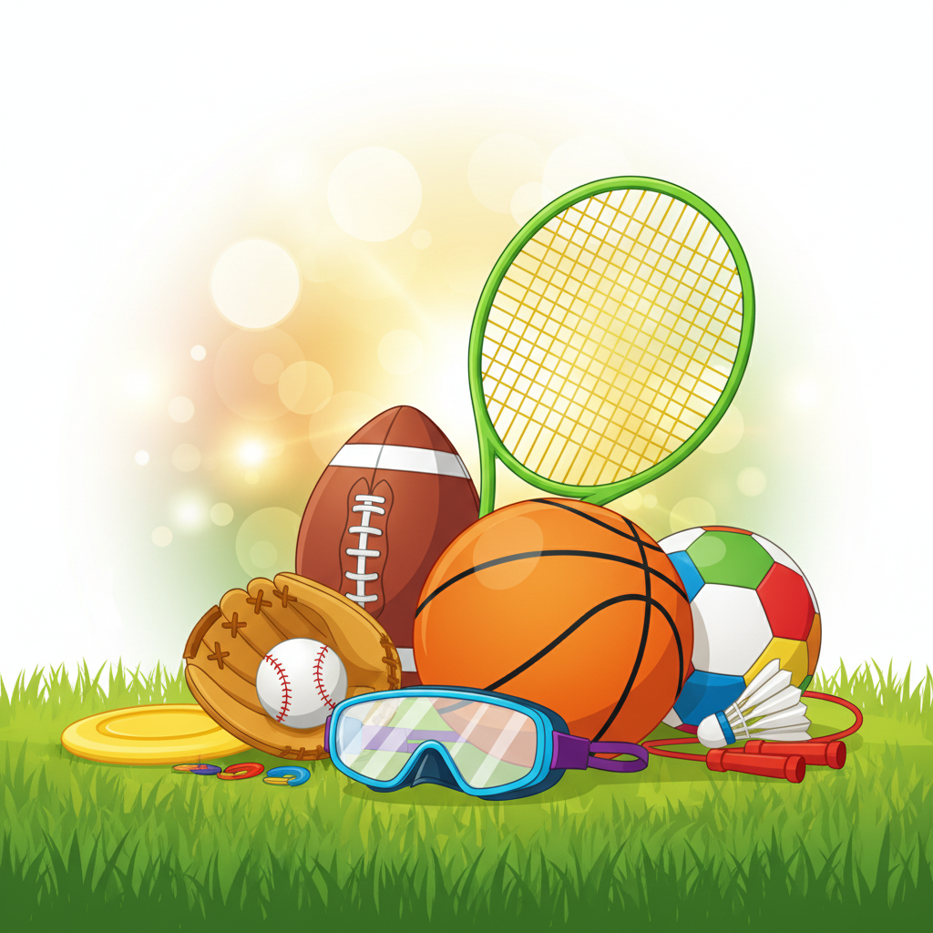 A colorful collection of sports equipment: football, tennis racket, basketball, swimming goggles together on grass, high quality illustration