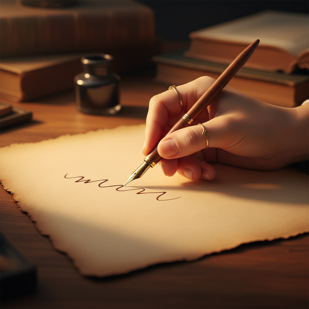 Close up of a hand writing a letter with a vintage fountain pen on parchment paper, warm aesthetic