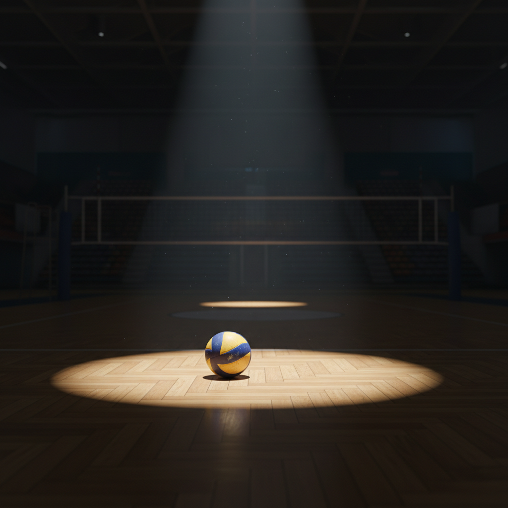 Volleyball resting on the court parquet floor, spotlight shining on it, symbolism of finished game, peaceful