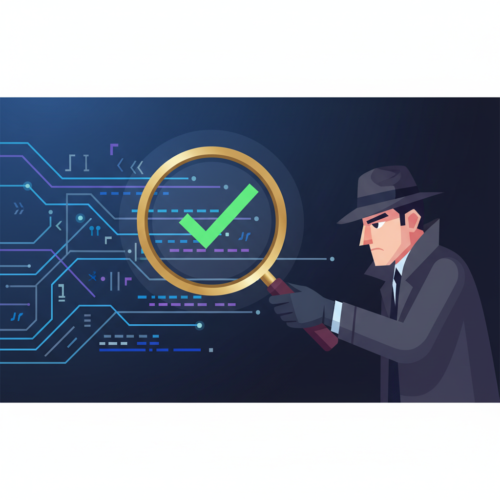 A digital illustration of a detective holding a magnifying glass over a code abstract, finding a green checkmark.