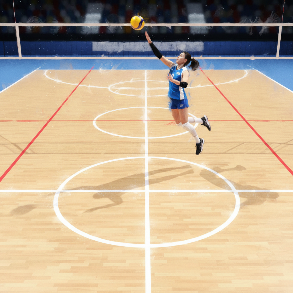 Volleyball player serving the ball, stylized freeze frame, focus on positioning lines on the court floor