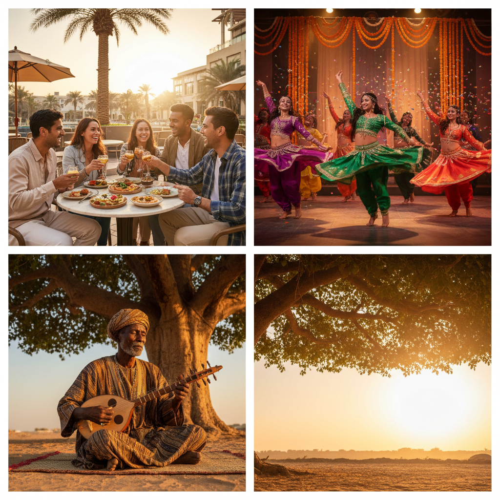 A photorealistic collage: A diverse group of friends eating at a Dubai cafe, a vibrant Bollywood dance scene, and a traditional musician playing the Kora in Mali, warm sunlight, human connection