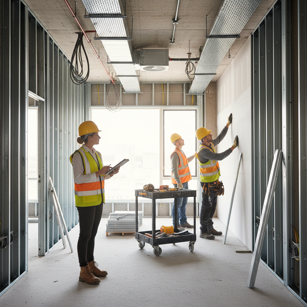 Construction site safety manager inspecting interior work with checklist, workers in safety vests and helmets, tidy professional construction site