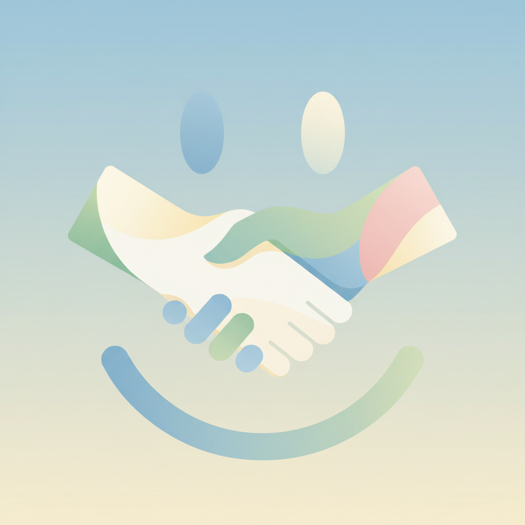 Friendly handshake illustration or a smiley face, minimalist vector style, soft colors