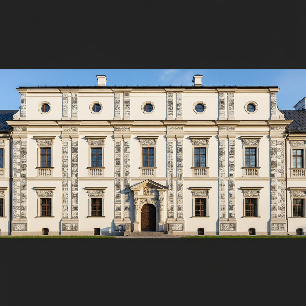Restored Renaissance palace facade of Bauska castle, white plaster with geometric sgraffito patterns, elegant architecture